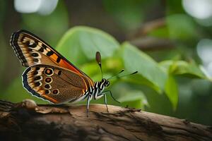 een vlinder is zittend Aan een Afdeling in de Woud. ai-gegenereerd foto