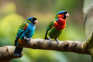 twee kleurrijk vogelstand zittend Aan een Afdeling. ai-gegenereerd foto