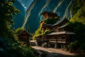 een huis in de bergen met een stroom rennen door het. ai-gegenereerd foto