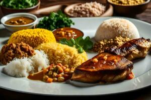 een bord van voedsel met rijst, kip en groenten. ai-gegenereerd foto