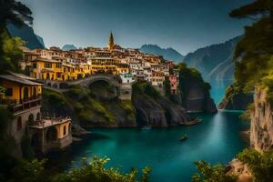 de dorp van Italië is omringd door bergen en water. ai-gegenereerd foto