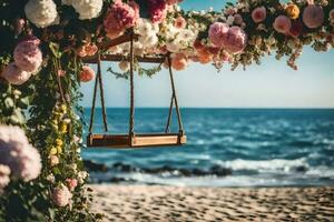 een schommel Aan de strand met bloemen. ai-gegenereerd foto