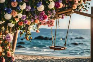 een schommel hangende van een bloem gedekt boog Aan de strand. ai-gegenereerd foto