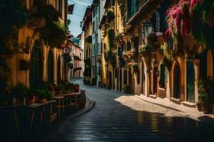 een versmallen straat in Italië met bloemen Aan de muren. ai-gegenereerd foto
