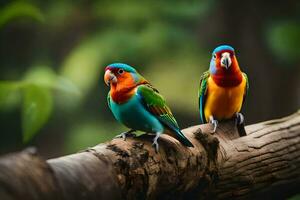 twee kleurrijk vogelstand zittend Aan een Afdeling. ai-gegenereerd foto