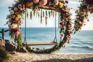 een schommel met bloemen hangende van het Aan de strand. ai-gegenereerd foto