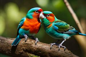 twee kleurrijk vogelstand zittend Aan een Afdeling. ai-gegenereerd foto