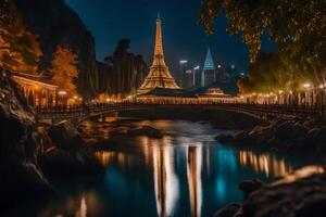 de eiffel toren in Parijs Bij nacht. ai-gegenereerd foto