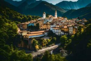 de dorp van Italiaans stad- in de bergen. ai-gegenereerd foto