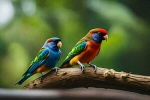 twee kleurrijk vogelstand zittend Aan een Afdeling. ai-gegenereerd foto