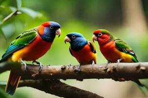 drie kleurrijk vogelstand zittend Aan een Afdeling. ai-gegenereerd foto