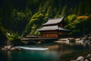 een Japans pagode zit Aan een brug over- een rivier. ai-gegenereerd foto