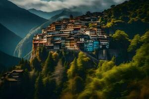 een dorp Aan top van een berg in de bergen. ai-gegenereerd foto