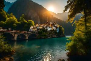 de zon schijnt over- een brug en een klein dorp in de bergen. ai-gegenereerd foto