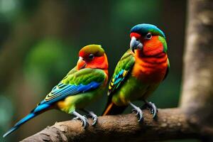 twee kleurrijk vogelstand zittend Aan een Afdeling. ai-gegenereerd foto