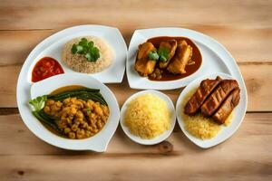 een bord van voedsel met rijst, kip, en groenten. ai-gegenereerd foto