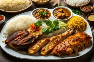 de voedsel is geserveerd Aan een bord met rijst, vlees, groenten en specerijen. ai-gegenereerd foto