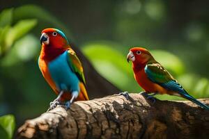 twee kleurrijk vogelstand zittend Aan een Afdeling. ai-gegenereerd foto