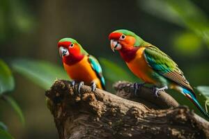 twee kleurrijk vogelstand zittend Aan een Afdeling. ai-gegenereerd foto