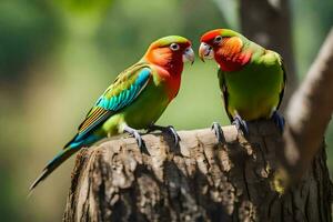 twee kleurrijk vogelstand zittend Aan een boom stomp. ai-gegenereerd foto