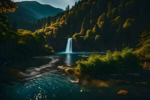 een waterval in de midden- van een Woud. ai-gegenereerd foto