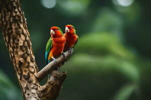 twee kleurrijk vogelstand zittend Aan een Afdeling. ai-gegenereerd foto