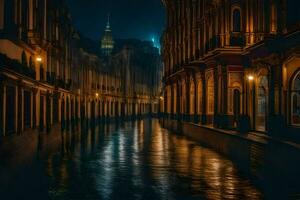 een stad straat Bij nacht met een rivier- rennen door het. ai-gegenereerd foto