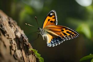 een vlinder is neergestreken Aan een boom kofferbak. ai-gegenereerd foto
