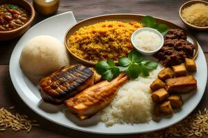 een bord van voedsel met rijst, vlees en groenten. ai-gegenereerd foto