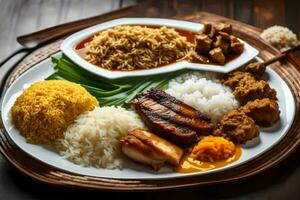 de traditioneel Maleisisch voedsel is een combinatie van rijst, vlees, groenten en specerijen. ai-gegenereerd foto