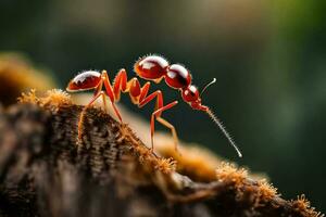 een rood mier is staand Aan een logboek. ai-gegenereerd foto