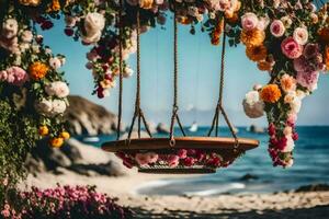 bloemen hangende van een schommel Aan de strand. ai-gegenereerd foto