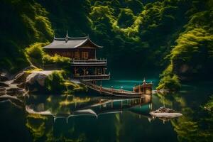 een Chinese huis zit Aan een klein eiland in de midden- van een meer. ai-gegenereerd foto