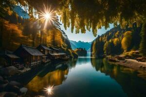 de zon schijnt over- een meer en een cabine in de bergen. ai-gegenereerd foto