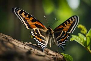 een vlinder is zittend Aan een boom Afdeling. ai-gegenereerd foto