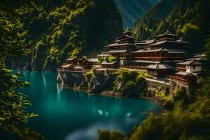 een mooi Chinese tempel Aan een berg met uitzicht een meer. ai-gegenereerd foto