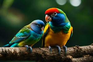 twee kleurrijk vogelstand zittend Aan een Afdeling. ai-gegenereerd foto