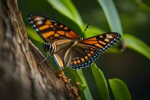 een vlinder is neergestreken Aan een boom Afdeling. ai-gegenereerd foto