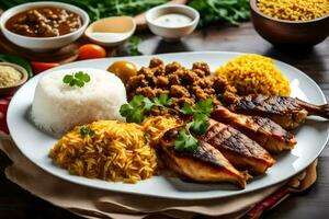 kip, rijst, en groenten Aan een bord. ai-gegenereerd foto