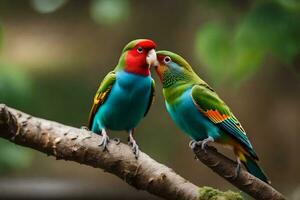 twee kleurrijk vogelstand zittend Aan een Afdeling. ai-gegenereerd foto