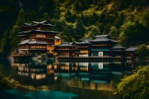 een Chinese huis Aan de water in de midden- van een Woud. ai-gegenereerd foto