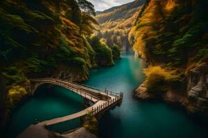 een brug over- een rivier- in de midden- van een Woud. ai-gegenereerd foto