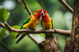 twee kleurrijk vogelstand zittend Aan een Afdeling. ai-gegenereerd foto