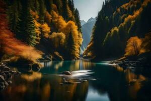 herfst landschap met bomen en water in de bergen. ai-gegenereerd foto