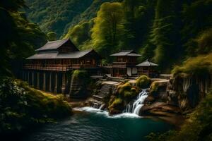 een waterval en een pagode in de bossen. ai-gegenereerd foto