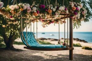 een schommel stoel met bloemen hangende van het. ai-gegenereerd foto