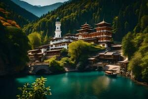 een mooi Chinese tempel zit Aan een heuvel met uitzicht een meer. ai-gegenereerd foto