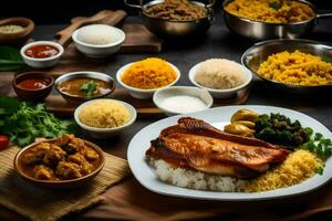 een verscheidenheid van voedsel inclusief rijst, vlees en groenten. ai-gegenereerd foto