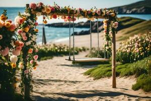 een schommel Aan de strand met bloemen en een houten kader. ai-gegenereerd foto