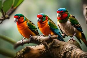 drie kleurrijk vogelstand zittend Aan een Afdeling. ai-gegenereerd foto